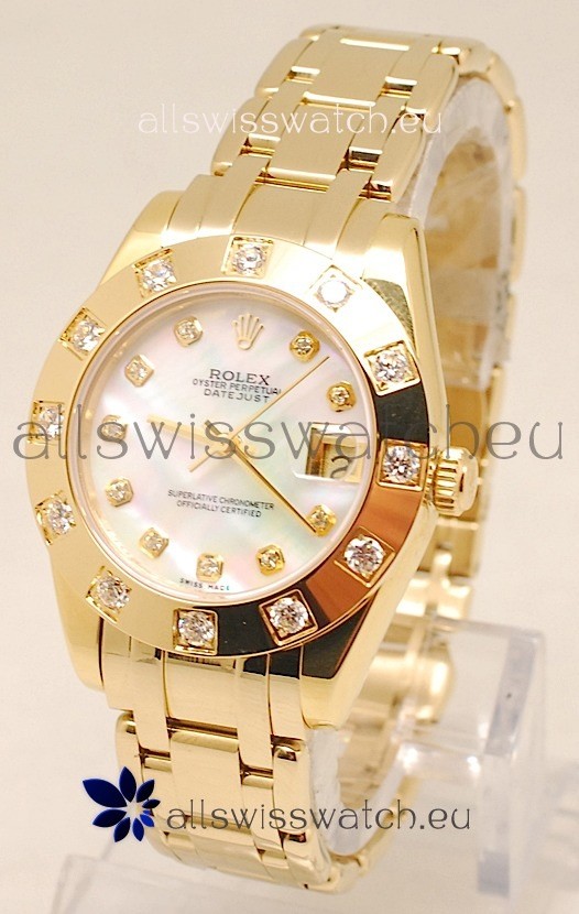 Rolex Datejust Pearlmaster Japanese Replica Gold Watch in White Pearl Dial -34MM