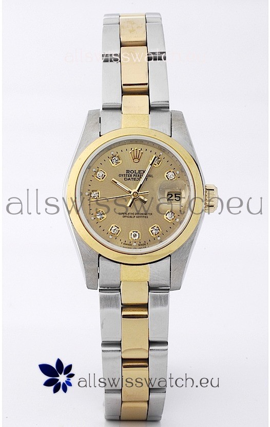 Rolex DateJust - Two Tone Ladies Swiss Replica Watch in Gold Dial