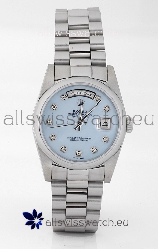 Rolex Day Date Silver Swiss Replica Watch in Mother Of Pearl Blue Dial