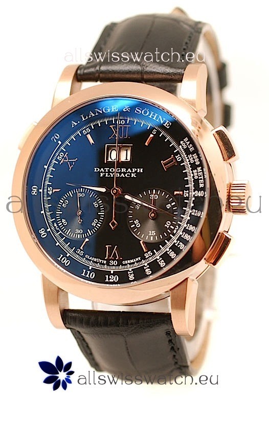 A. Lange & Sohne Datograph Flyback Swiss Replica Rose Gold Watch in Black Dial