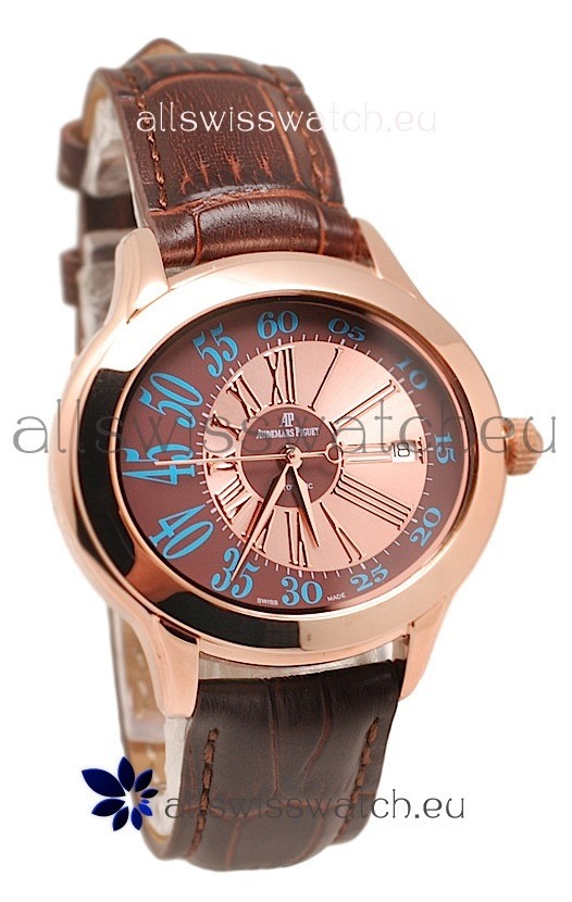Audemars Piguet Millenary Hour and Minute Swiss Replica Rose Gold Watch in Brown Dial