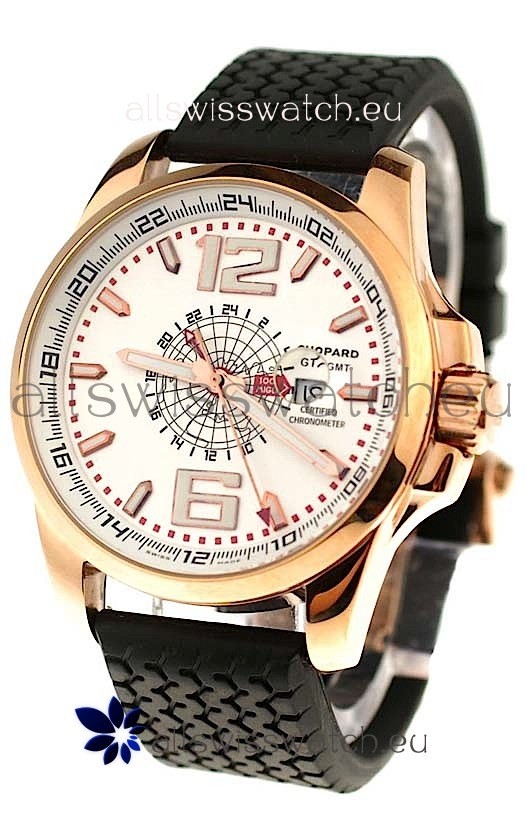Chopard 1000 Miglia GT XL GMT Japanese Replica Gold Watch in White Dial