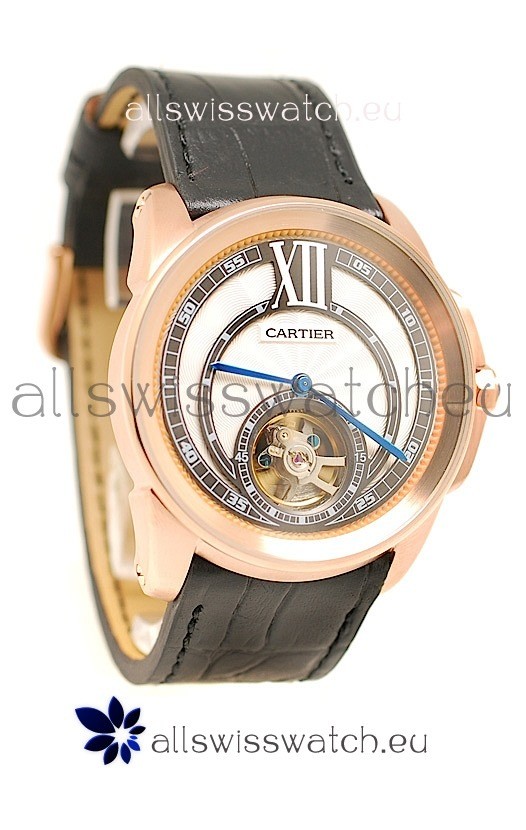 Calibre de Cartier Flying Tourbillon Japanese Replica Rose Gold Watch