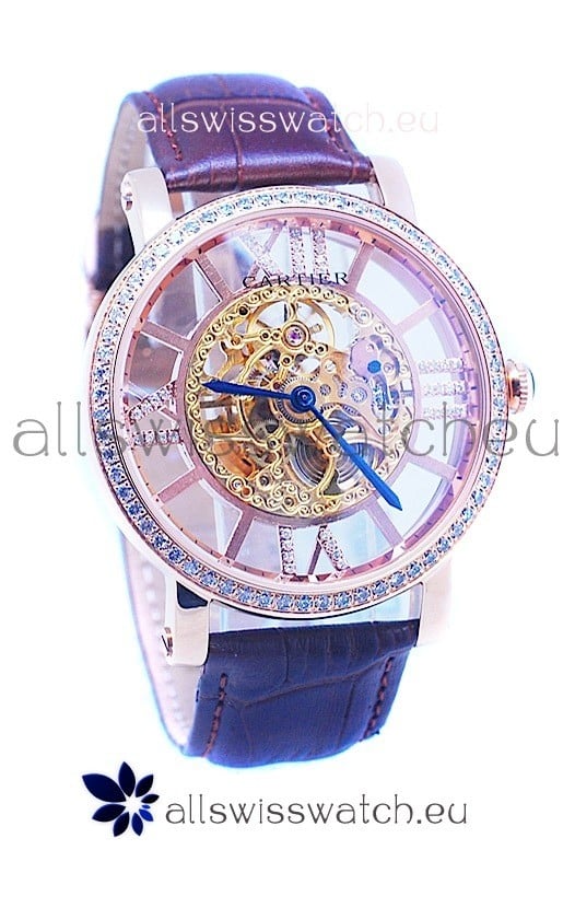 Ronde De Cartier Skeleton Rose Gold Japanese Watch in Diamond Bezel