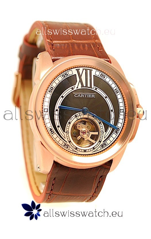 Calibre de Cartier Flying Tourbillon Japanese Replica Rose Gold Watch in Black Dial