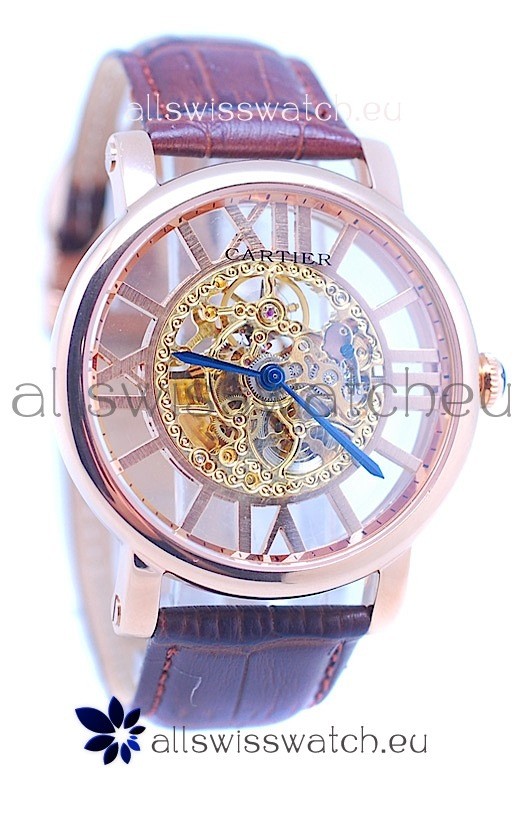 Ronde De Cartier Skeleton Rose Gold Japanese Watch 