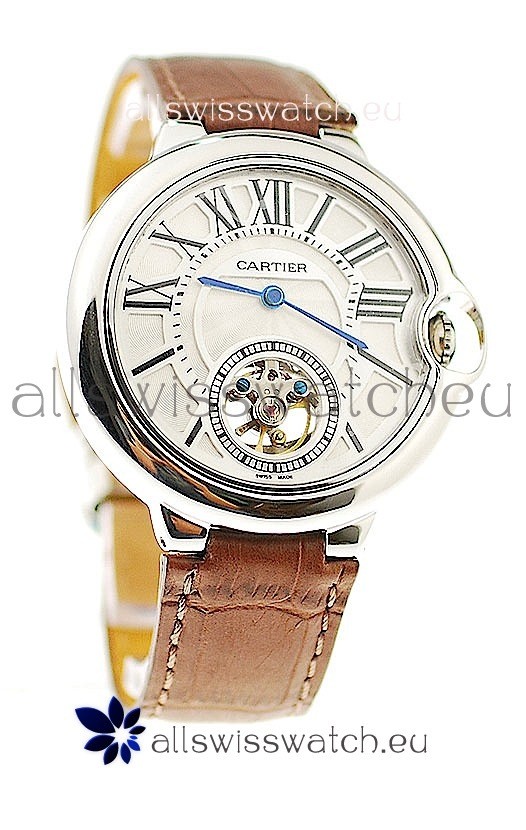 Ballon Bleu De Cartier flying Tourbillon Japanese Replica Steel Watch in Brown Strap