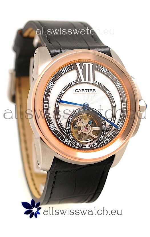 Calibre de Cartier Flying Tourbillon Japanese Replica Rose Gold Watch 