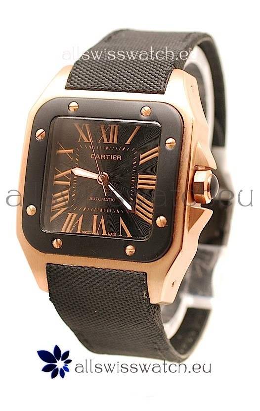 Cartier Santos 100 Swiss Replica Pink Gold Watch in Black Dial