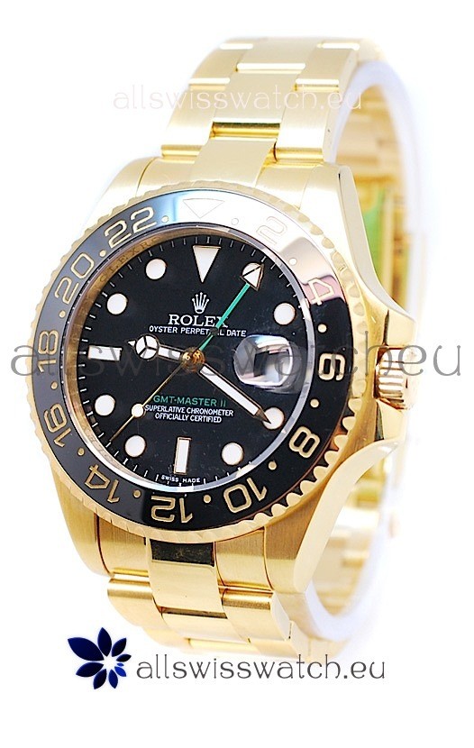 Rolex GMT Masters II 2011 Edition Swiss Replica Gold Watch in Black Cerarmic Bezel