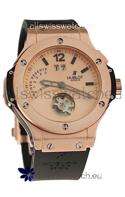 Hublot Big Bang Big Date Power Reserve Japanese Replica Tourbillon Watch in Pink Gold