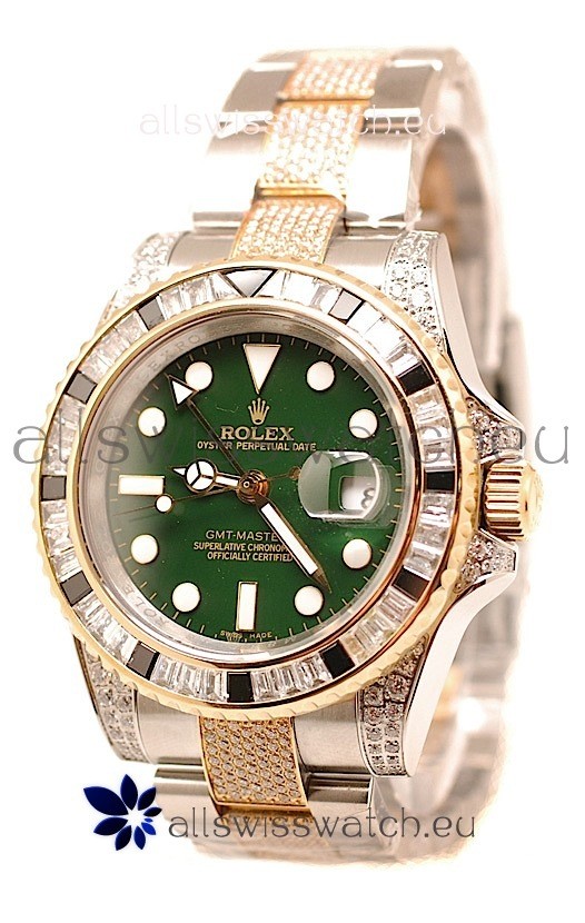 Rolex GMT Masters II 2011 Edition Swiss Replica Two Tone Watch with Diamonds Casing and Bezel