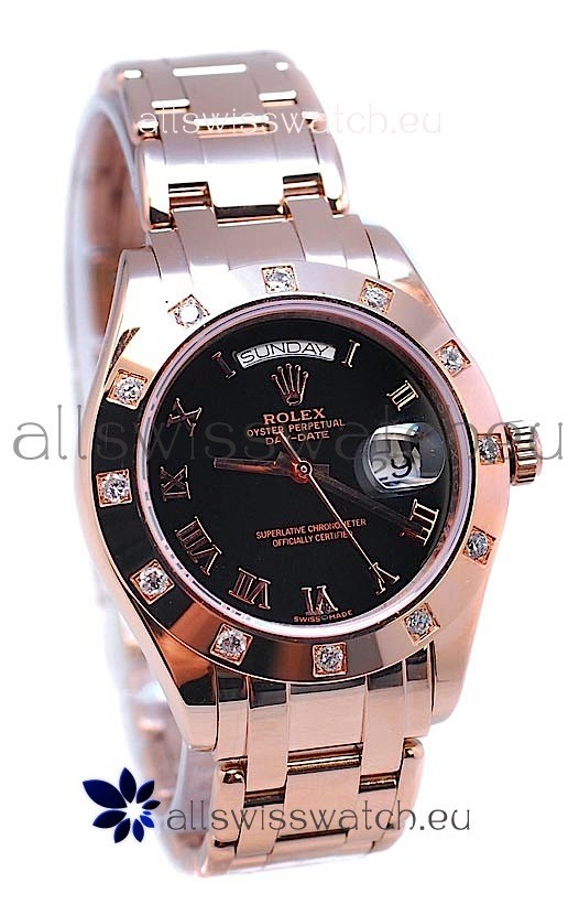 Rolex Day Date Rose Gold Japanese Replica Watch in Diamond Bezel