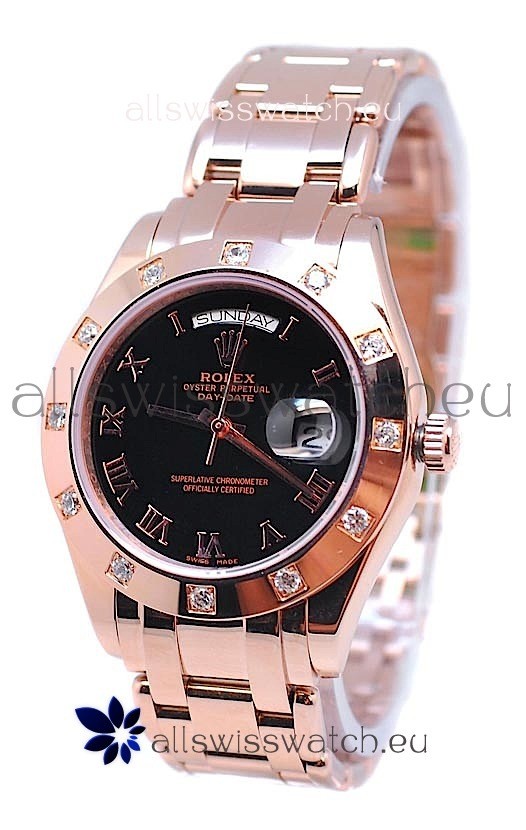 Rolex Day Date Rose Gold Japanese Replica Watch in Black Dial