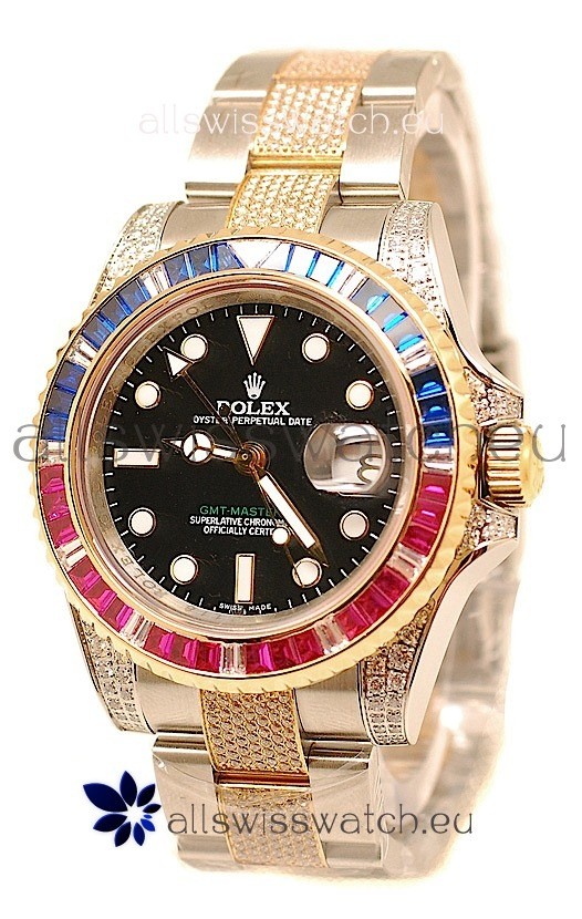 Rolex GMT Masters II 2011 Edition Swiss Replica Two Tone Watch with Diamonds Casing and Bezel