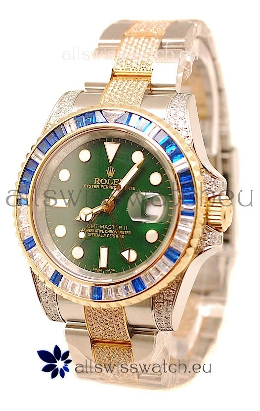 Rolex GMT Masters II 2011 Edition Swiss Replica Two Tone Watch with Diamonds Casing and Bezel