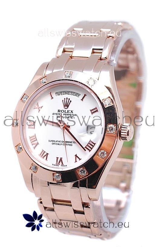 Rolex Day Date Rose Gold Japanese Replica Watch in Diamond Bezel