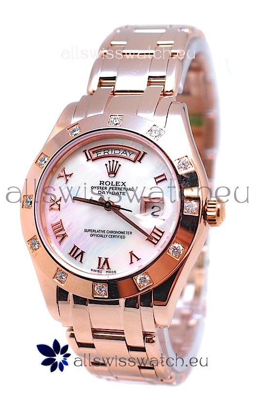 Rolex Day Date White Mother of Pearl Japanese Replica Watch in Roman Markers