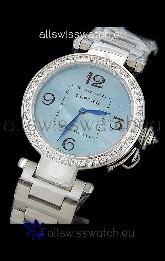 Cartier Pasha de Swiss Replica Automatic Watch in Light Blue Dial