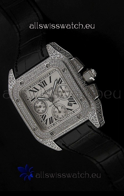 Cartier Santos Swiss Replica Watch with Diamonds Embedded Casing