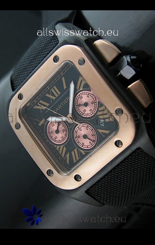 Cartier Santos 100 Japanese Replica Watch in Black Strap