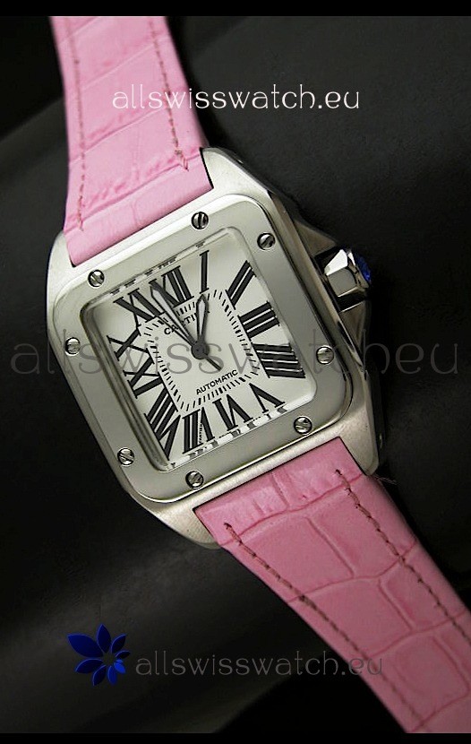 Cartier Santos Swiss Replica Automatic Watch in Pink Strap