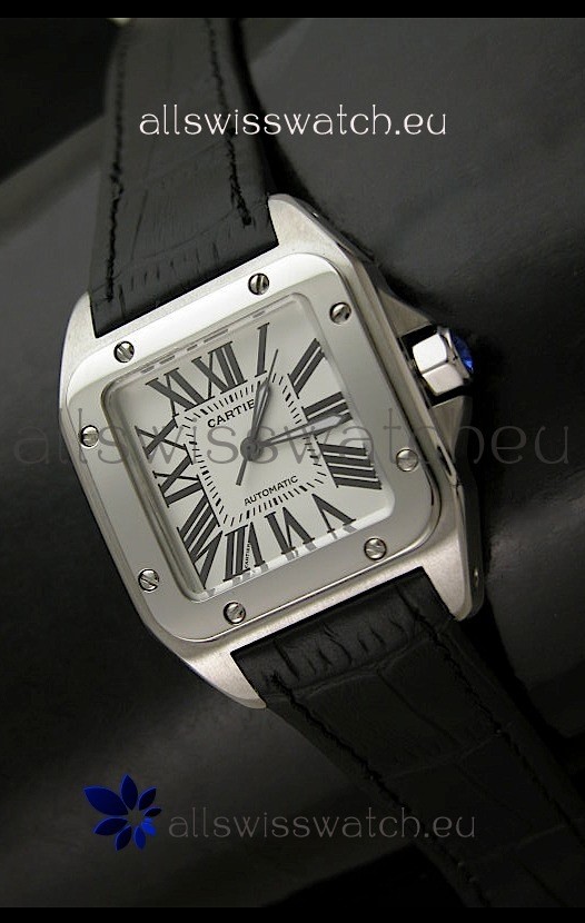 Cartier Santos in Swiss Replica Automatic Watch in Black Strap