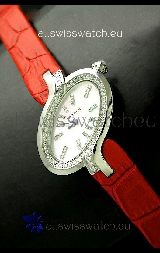 Delices De Cartier Ladies Replica Japanese Watch in Red Leather Strap
