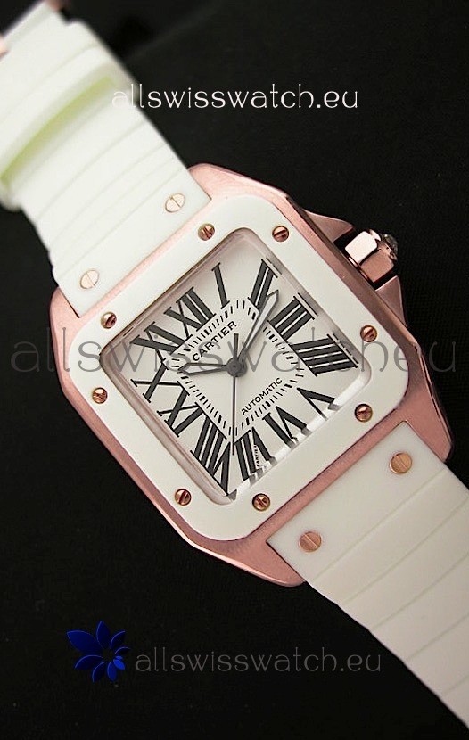 Cartier Santos 100 Swiss Replica Watch in Pink Gold Casing