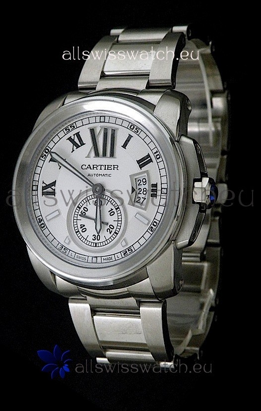 Cartier Calibre de Japanese Replica Steel Watch in White Dial
