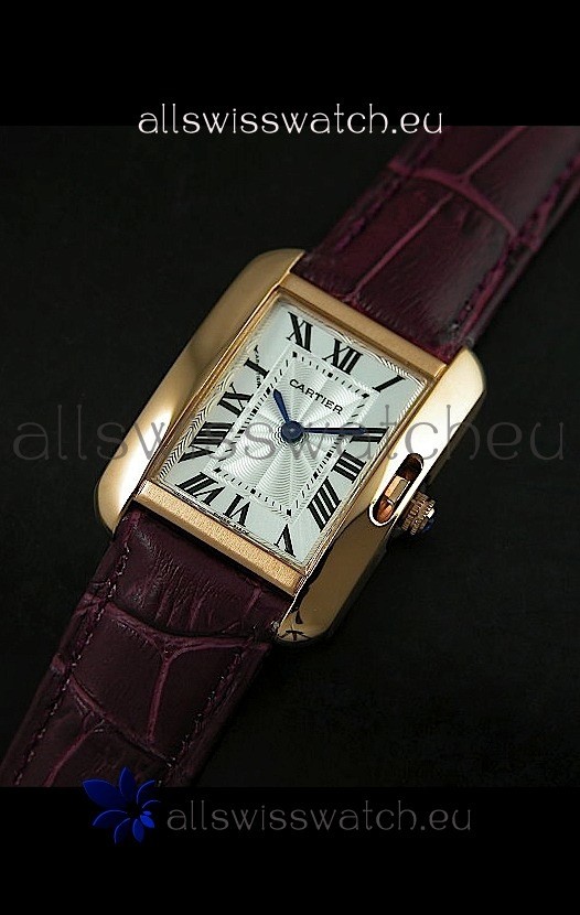 Cartier Louis Japanese Replica Ladies Rose Gold Watch in Red Wine Strap