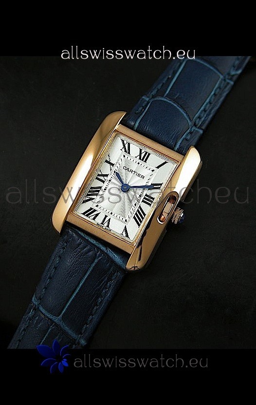 Cartier Louis Japanese Replica Ladies Rose Gold Watch in Blue Strap