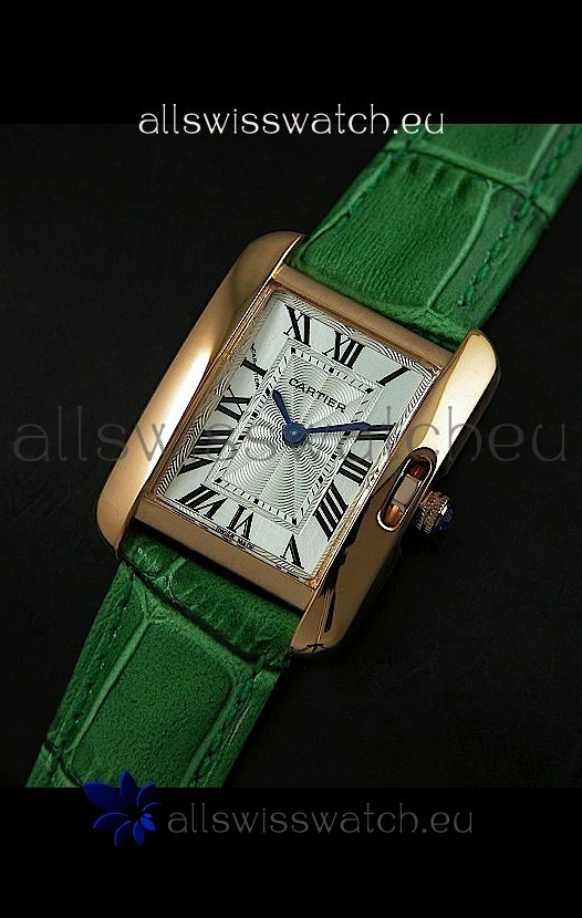 Cartier Louis Japanese Replica Ladies Rose Gold Watch in Green Strap
