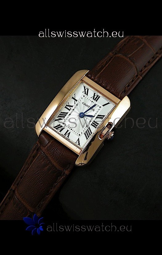 Cartier Louis Japanese Replica Ladies Rose Gold Watch in BrownStrap