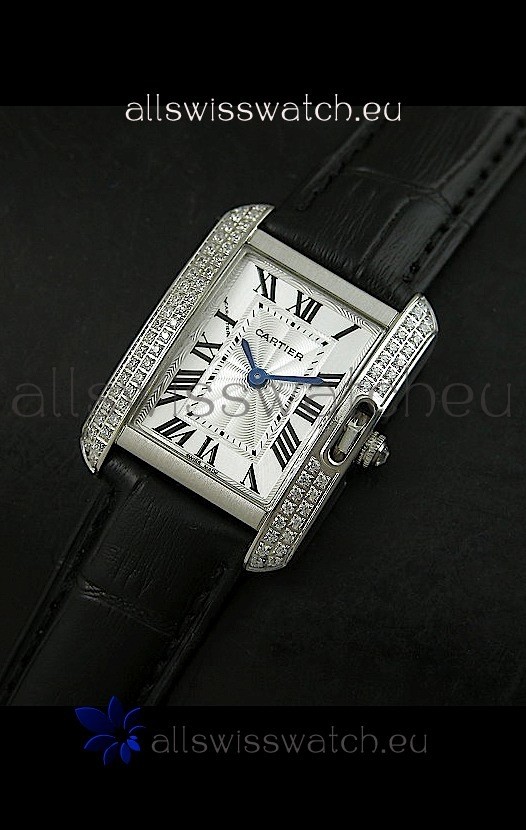 Cartier Louis Japanese Replica Ladies Diamond Watch in Black Strap