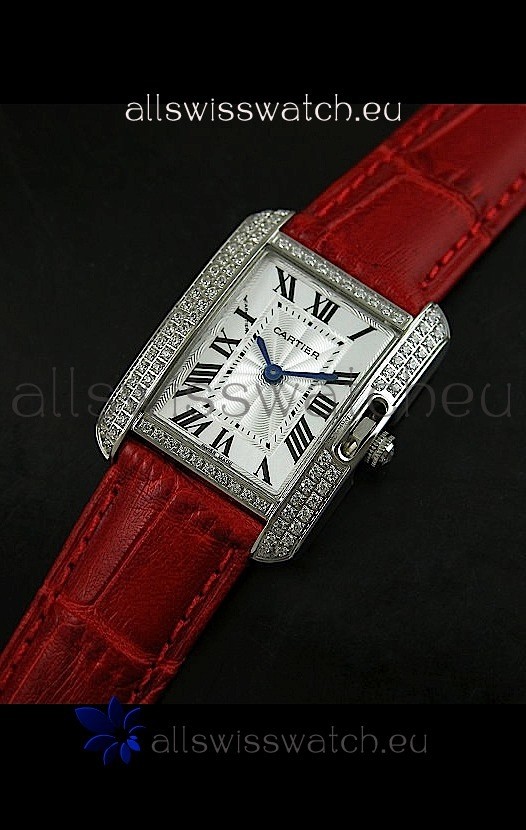 Cartier Louis Japanese Replica Ladies Diamond Watch in Red Strap