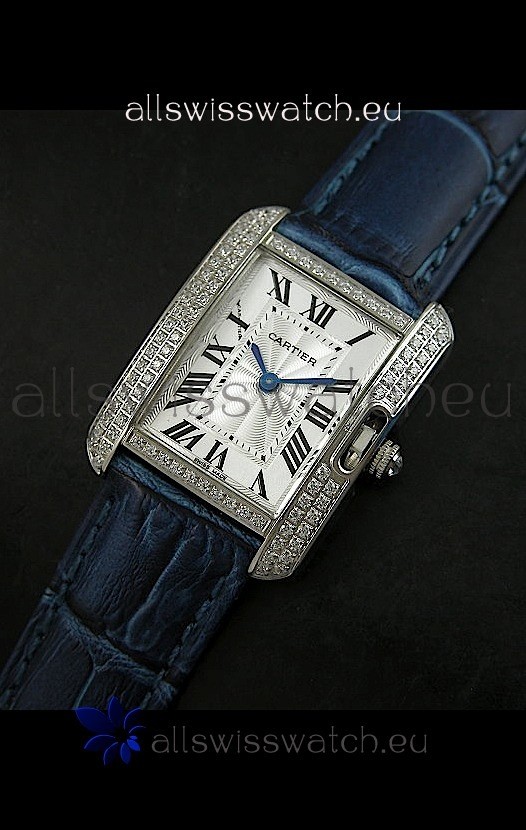 Cartier Louis Japanese Replica Ladies Diamond Watch in Blue Strap