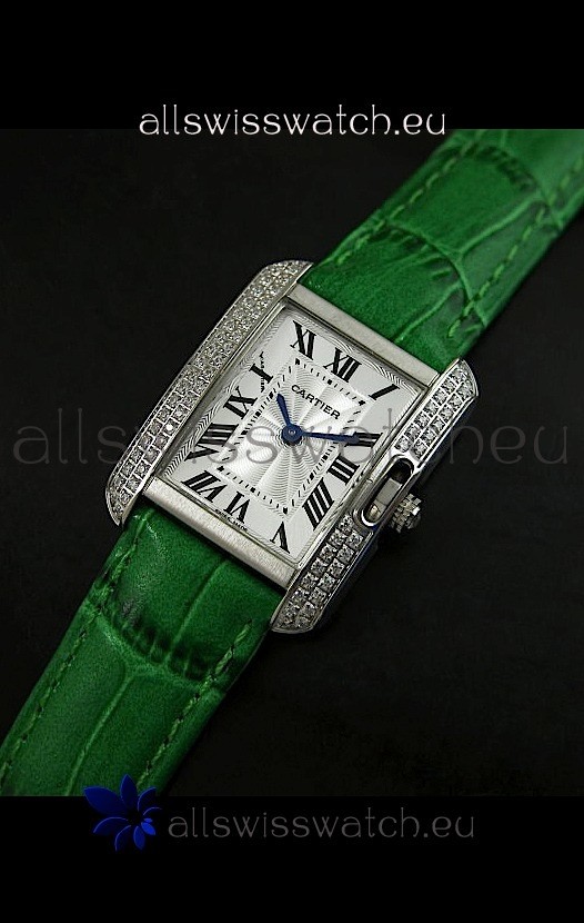 Cartier Louis Japanese Replica Ladies Diamond Watch in Green Strap