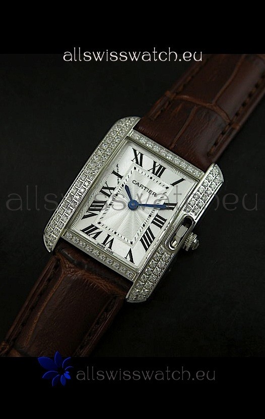 Cartier Louis Japanese Replica Ladies Diamond Watch in Brown Strap