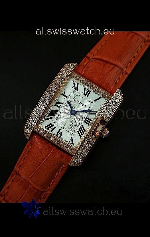 Cartier Louis Japanese Replica Ladies Rose Gold Diamond Watch in Orange Strap