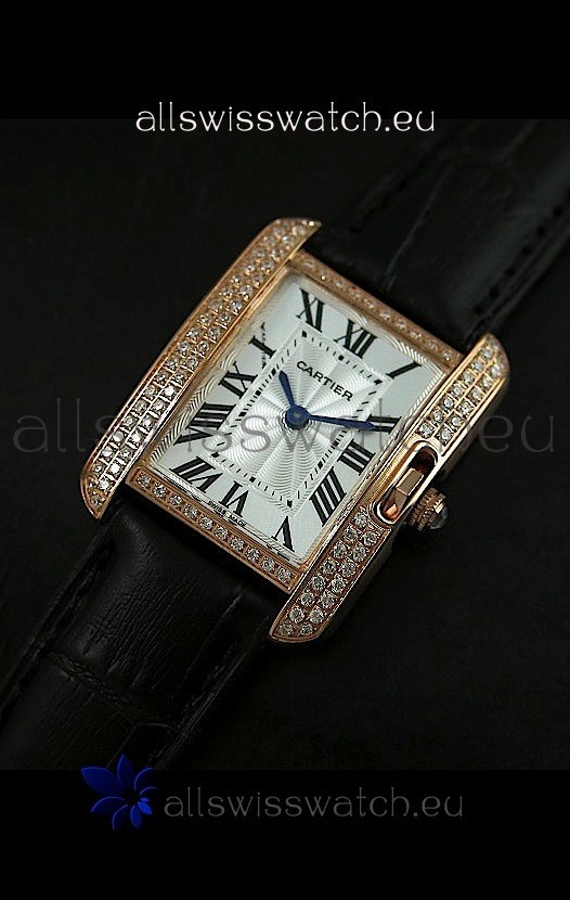 Cartier Louis Japanese Replica Ladies Rose Gold Diamond Watch in Black Strap