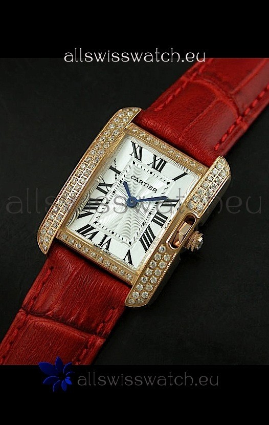 Cartier Louis Japanese Replica Ladies Rose Gold Diamond Watch in Red Strap