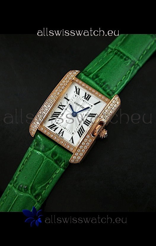 Cartier Louis Japanese Replica Ladies Rose Gold Diamond Watch in Green Strap