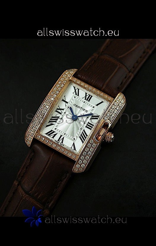 Cartier Louis Japanese Replica Ladies Rose Gold Diamond Watch in Brown Strap