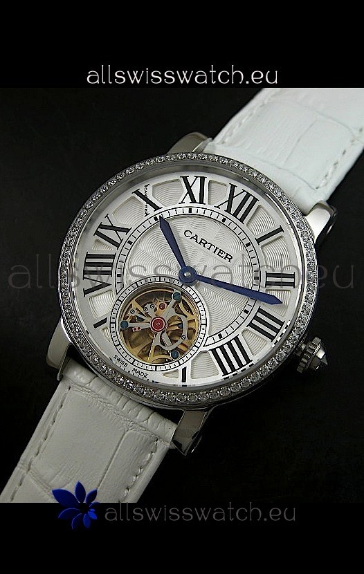 Cartier Ronde de Tourbillon Japanese Replica Diamond Watch in White Strap