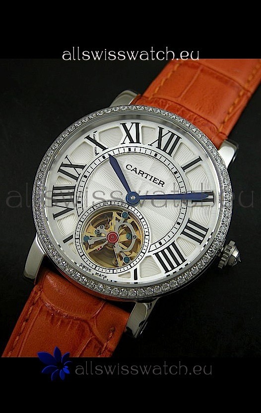 Cartier Ronde de Tourbillon Japanese Replica Diamond Watch in Brown Strap