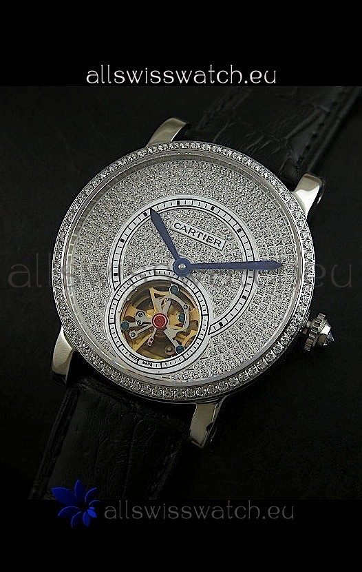 Cartier Ronde de Tourbillon Japanese Replica Diamond Watch in Black Strap