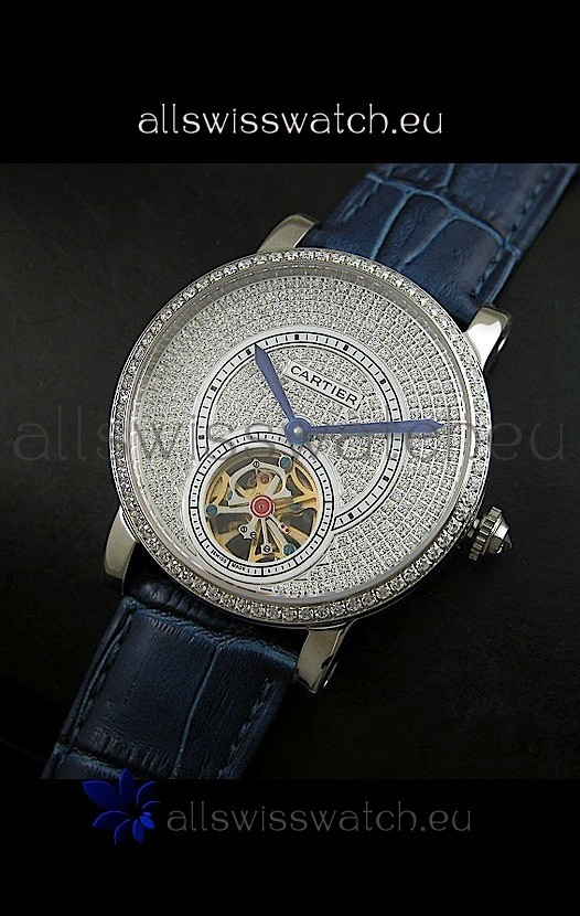 Cartier Ronde de Tourbillon Japanese Replica Diamond Watch in Blue Strap
