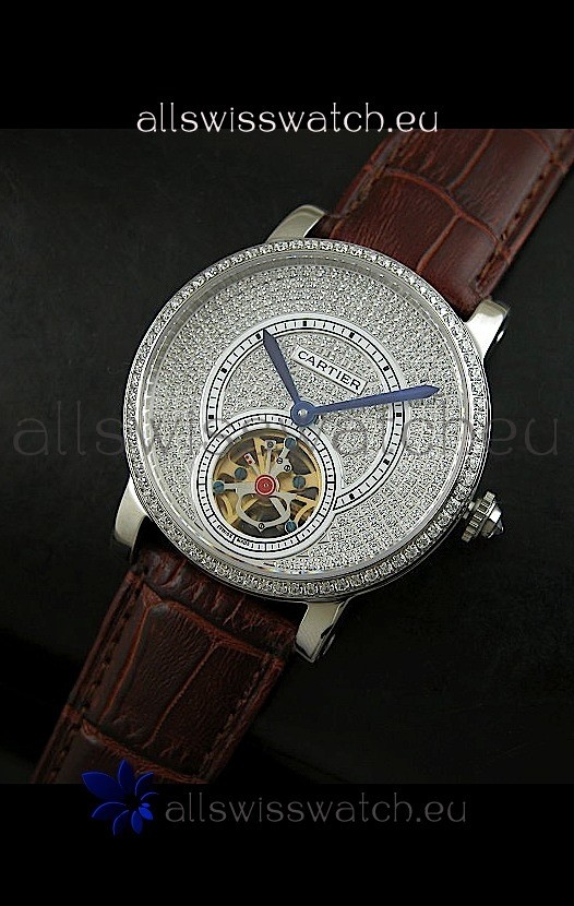 Cartier Ronde de Tourbillon Japanese Replica Diamond Watch in Brown Strap