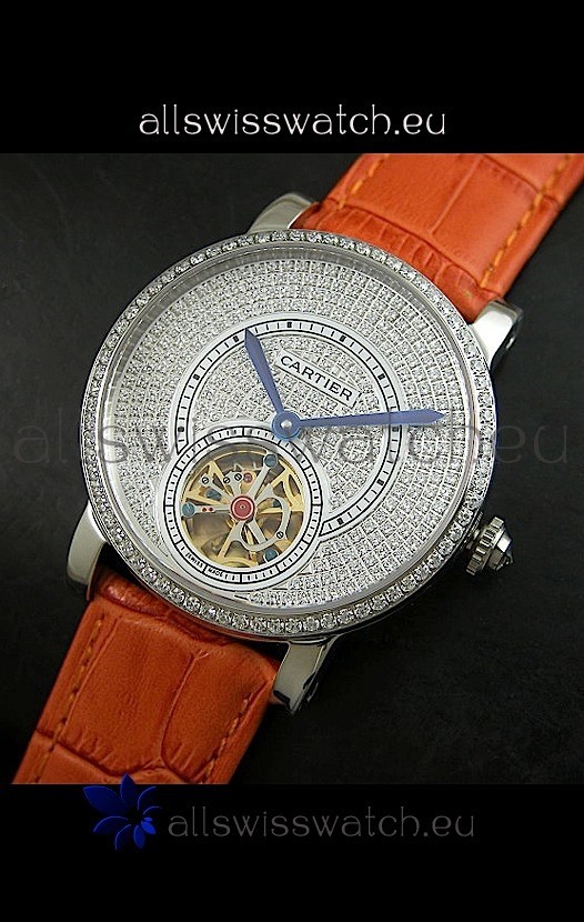 Cartier Ronde de Tourbillon Japanese Replica Diamond Watch in Orange Strap